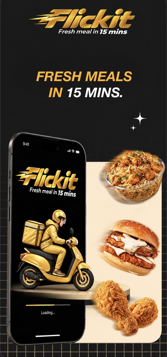 Flickit app launch screen: Fresh meals in 15 mins