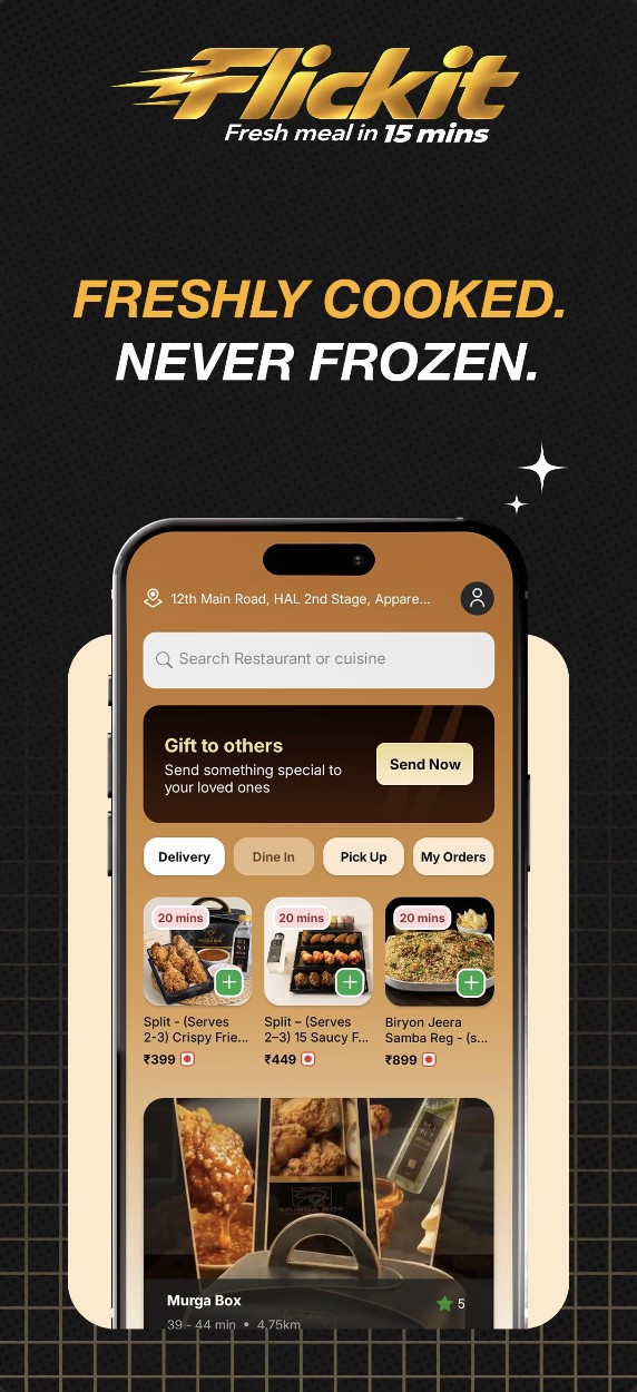Flickit home screen: Freshly cooked, never frozen