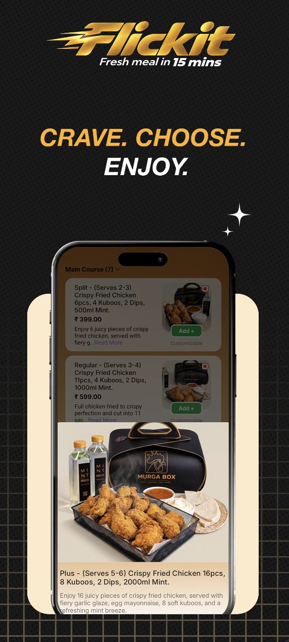 Flickit menu screen: Crave, choose, enjoy
