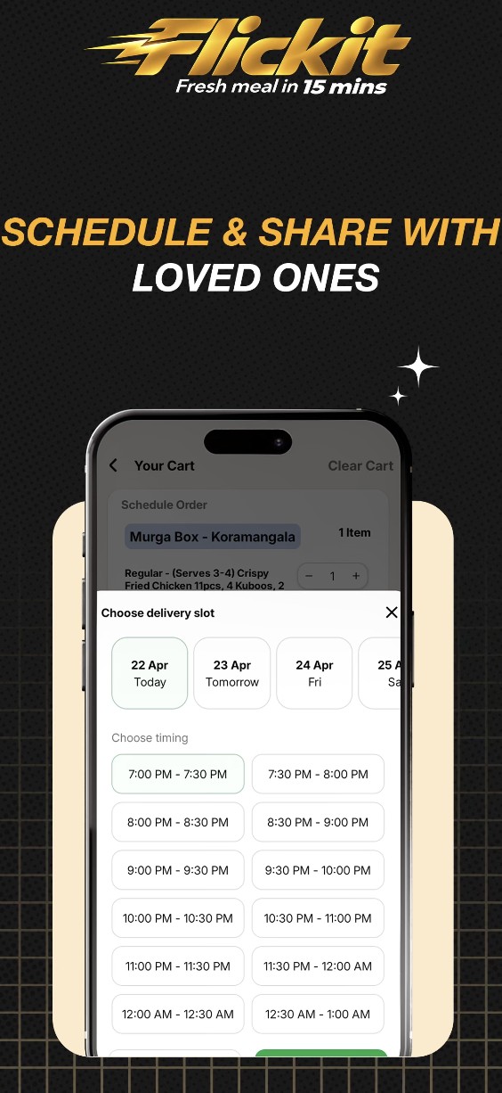 Flickit scheduling screen: Schedule and share with loved ones