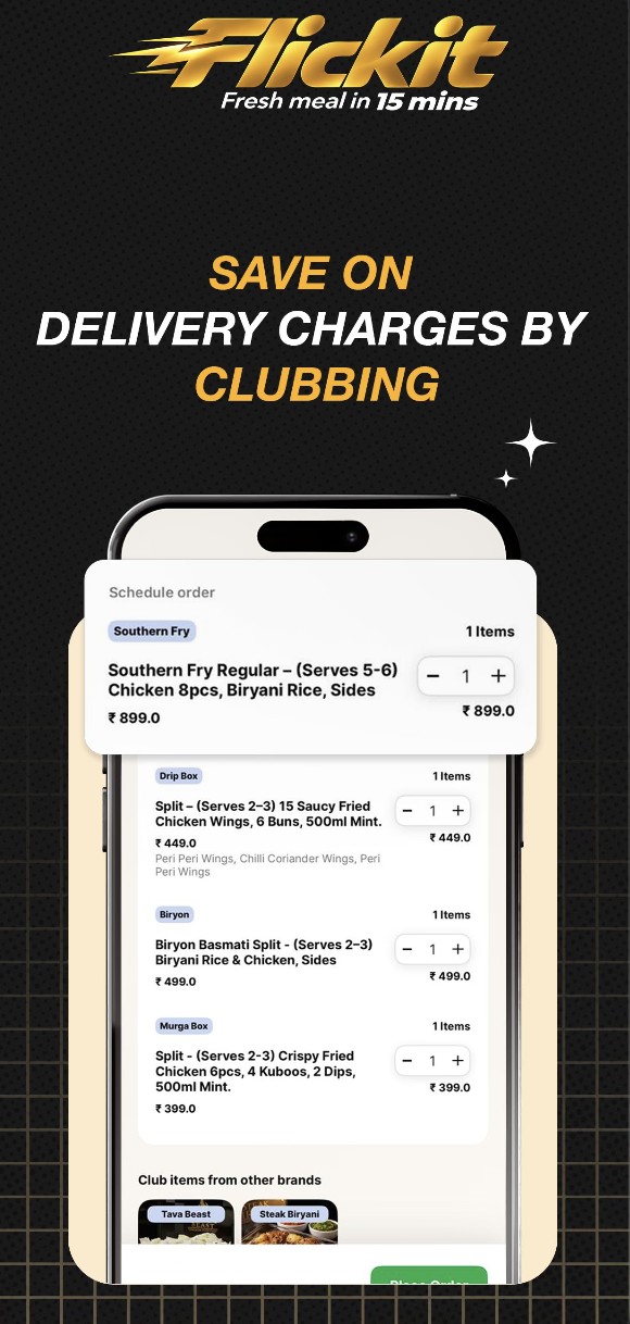 Flickit cart screen: Save on delivery charges by clubbing